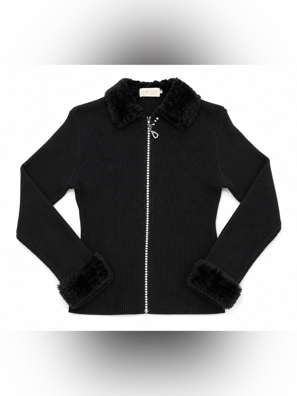 Cache Black Faux Fur‎ Zip Up Sweater Jacket Y2K Glam Ribbed Size M
